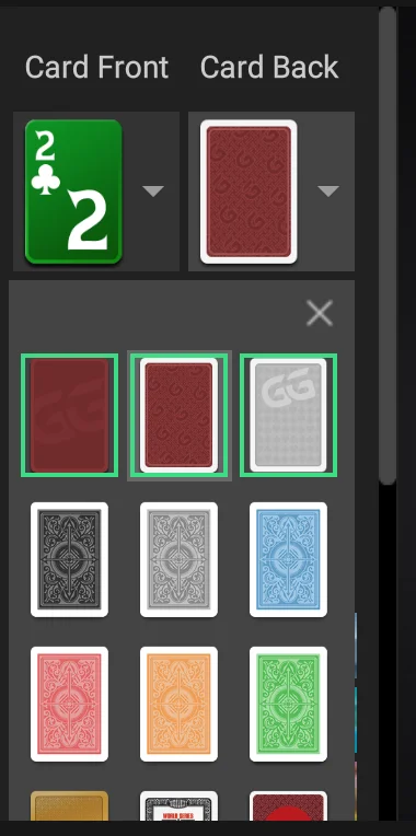 Card Back designs: plain red, red ornate and white GG outlined in green
