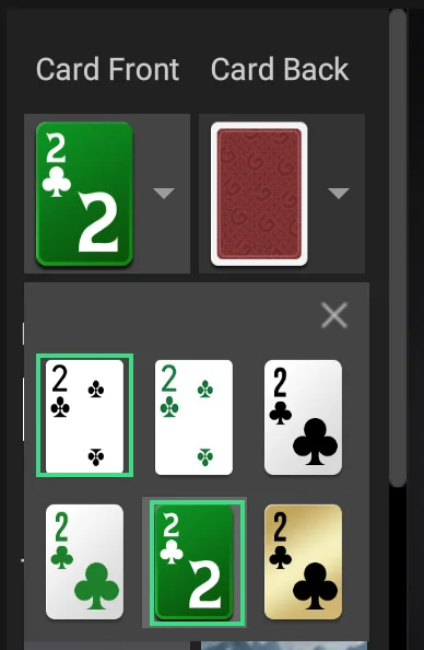 Card Front designs: the standard deck and the four-colour big-glyph deck outlined in green