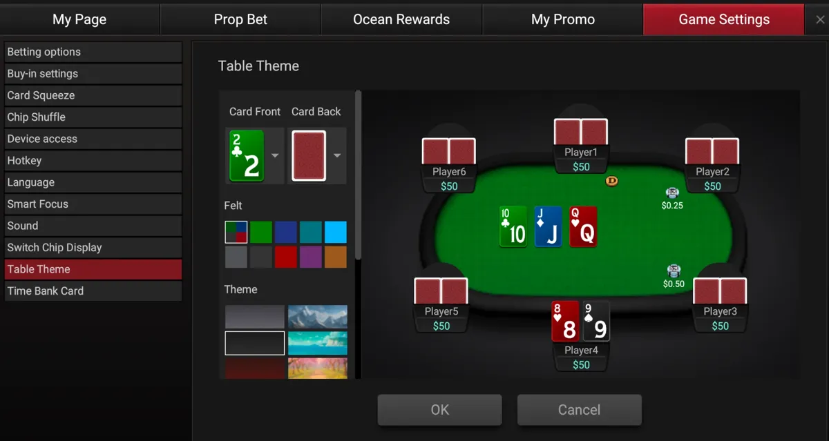 The Game Settings window with Table Theme selected, showing the Card Front and Card Back pickers